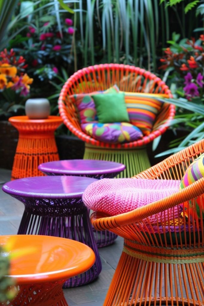 Salon de jardin en Matière recyclable dans des tons très Flash de corail rouge mauve, orange, jaune, vert