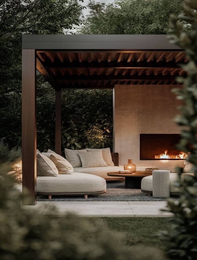 Terrasse extérieure aménagée sous une pergola bioclimatique avec un salon spacieux organisé autour d'un foyer type cheminée. L'ambiance est chaleureuse et élégante dans des tons naturels et des matériaux bruts