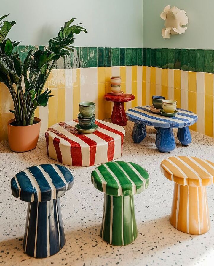 Ensemble de tables basses et de bouts de canapé dans les tons de l'année 2025 avec des rayures de couleur